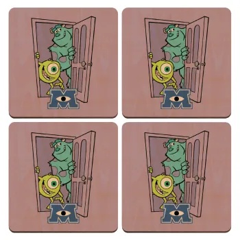 Monster inc, ΣΕΤ x4 Σουβέρ ξύλινα τετράγωνα plywood (9cm)
