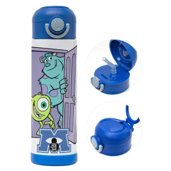 Monster inc, Children's hot water bottle, stainless steel, with safety straw, BLUE (500ml)