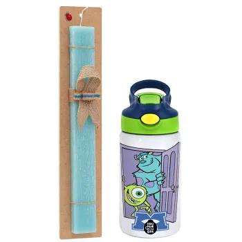 Monster inc, Easter Set, Children's thermal stainless steel bottle with safety straw, green/blue (350ml) & aromatic flat Easter candle (30cm) (TURQUOISE)