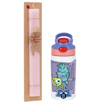Monster inc, Easter Set, Children's thermal stainless steel water bottle with safety straw, pink/purple (350ml) & Easter scented flat candle (30cm) (PINK)