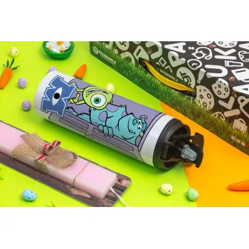 Monster inc, Πασχαλινή Λαμπάδα με Travel Tumbler θερμό με διπλό καπάκι (600ml, BPA free) & κερί αρωματικό πλακέ (30cm) (ΡΟΖ)