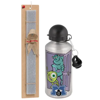 Monster inc, Easter Set, metallic silver aluminum water bottle (500ml) & aromatic flat Easter candle (30cm) (GRAY)