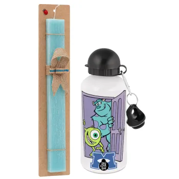 Monster inc, Easter Set, metallic aluminum water bottle (500ml) & scented flat candle (30cm) (TURQUOISE)