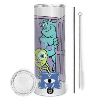 Monster inc, Tumbler ποτήρι θερμό από ανοξείδωτο ατσάλι 600ml, με μεταλλικό καλαμάκι & βούρτσα καθαρισμού