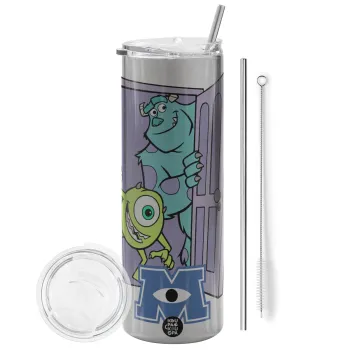 Monster inc, Tumbler ποτήρι θερμό Ασημένιο από ανοξείδωτο ατσάλι 600ml, με μεταλλικό καλαμάκι & βούρτσα καθαρισμού
