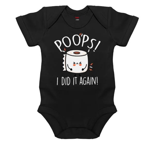 Poops!...I Did It Again — Short-sleeve baby bodysuit, 0-18 months, BLACK, 100% organic cotton