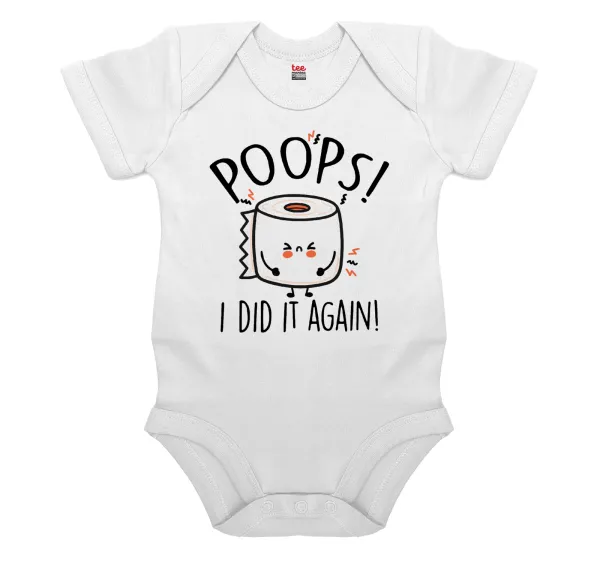 Poops!...I Did It Again — Short-sleeve baby bodysuit, 0-24 months, WHITE, 100% organic cotton