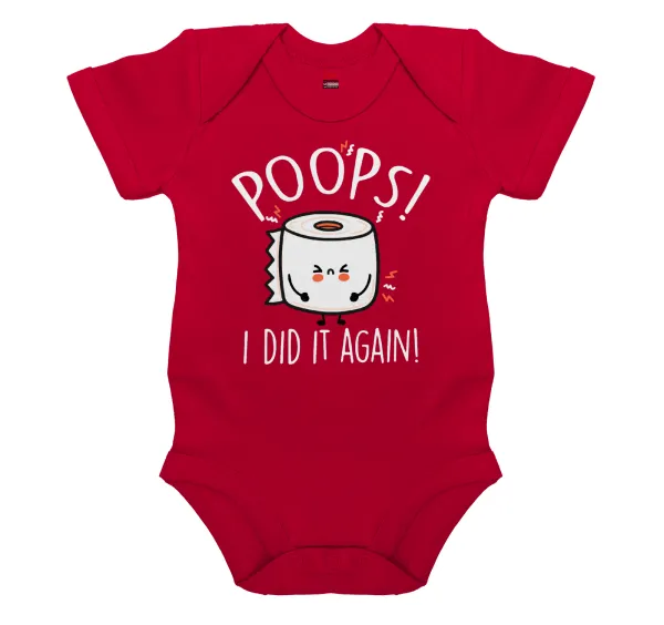 Poops!...I Did It Again — Short-sleeve baby bodysuit, RED, 100% organic cotton