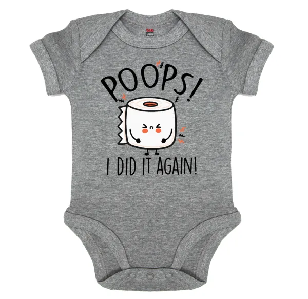 Poops!...I Did It Again — Short-sleeve baby bodysuit, 0-18 months, GREY MELANGE, 100% organic cotton