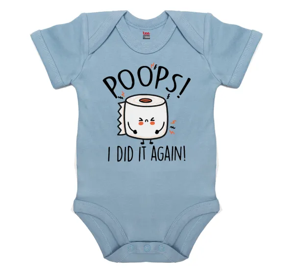 Poops!...I Did It Again — Short-sleeve baby bodysuit, 0-18 months, blue, 100% organic cotton