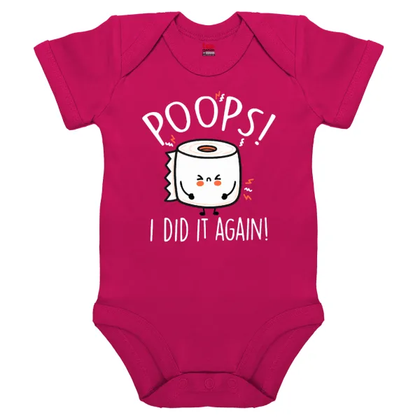 Poops!...I Did It Again — Short-sleeve baby bodysuit, 0-18 months, PINK, 100% organic cotton