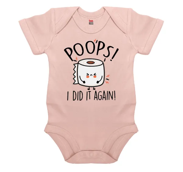 Poops!...I Did It Again — Short-sleeve baby bodysuit, 0-18 months, POWDER PINK, 100% organic cotton