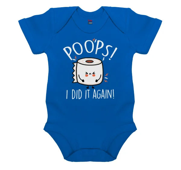 Poops!...I Did It Again — Short-sleeve baby bodysuit, cobalt blue, 100% organic cotton