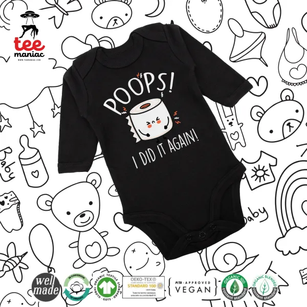 Poops!...I Did It Again — Long-sleeve baby bodysuit, 0-18 months, BLACK, 100% organic cotton