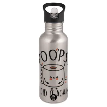 Poops!...I Did It Again, Water bottle Silver with straw, stainless steel 600ml