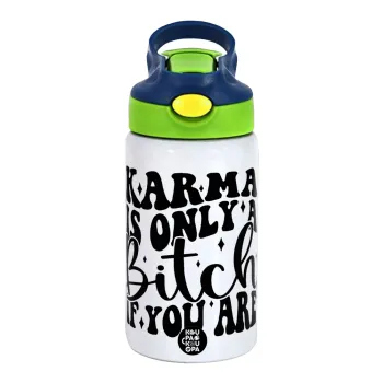 Karma is Only A Bitch if You Are, Παιδικό παγούρι θερμό, ανοξείδωτο, με καλαμάκι ασφαλείας, πράσινο/μπλε (350ml)