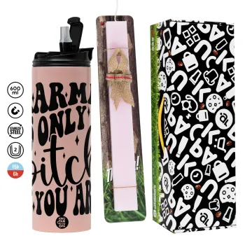 Karma is Only A Bitch if You Are, Easter candle,Travel Tumbler 2 Lids, with metal straw & cleaning brush & aromatic flat candle (30cm) (PINK)