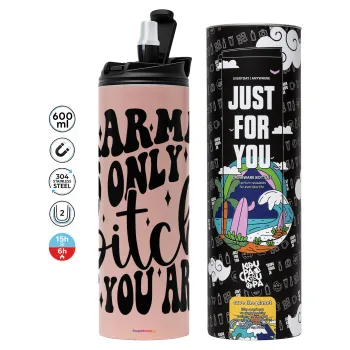 Karma is Only A Bitch if You Are, Tumbler ποτήρι θερμό ΡΟΖ από ανοξείδωτο ατσάλι 600ml