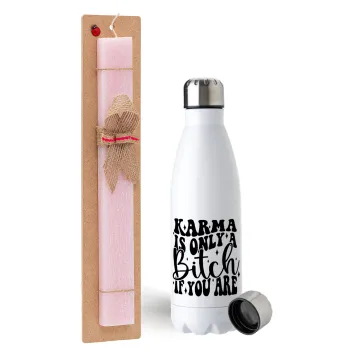 Karma is Only A Bitch if You Are, Easter Set, metallic stainless steel water bottle (750ml) & scented flat Easter candle (30cm) (PINK)