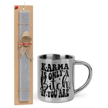 Karma is Only A Bitch if You Are, Easter Set, metallic thermal cup (300ml) & Easter aromatic flat candle (30cm) (GRAY)