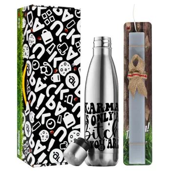 Karma is Only A Bitch if You Are, Easter Set, metallic stainless thermos flask (500ml) & scented flat Easter candle (30cm) (GRAY)