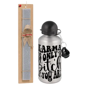 Karma is Only A Bitch if You Are, Πασχαλινή Λαμπάδα με παγούρι μεταλλικό Ασημένιο αλουμινίου (500ml) & κερί αρωματικό πλακέ (30cm) (ΓΚΡΙ)