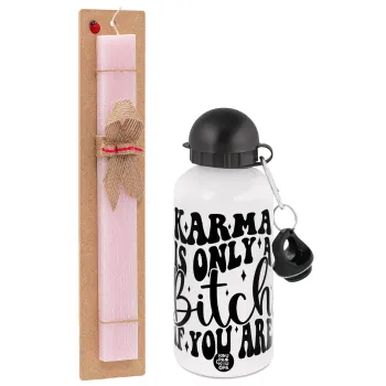 Karma is Only A Bitch if You Are, Πασχαλινή Λαμπάδα με παγούρι μεταλλικό αλουμινίου (500ml) & κερί αρωματικό πλακέ (30cm) (ΡΟΖ)