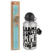 Easter Set, metallic silver aluminum water bottle (500ml) & scented flat Easter candle (30cm) (TURQUOISE)