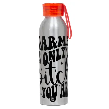 Karma is Only A Bitch if You Are, Αλουμινένιο Αθλητικό Μπουκάλι 650ml – Ασημί με Κόκκινο Καπάκι και Λουράκι Σιλικόνης