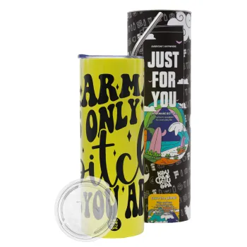 Karma is Only A Bitch if You Are, Neon Yellow Travel Tumbler θερμό, μεταλλικό καλαμάκι(Ανωξείδωτο 304 Food grade, BPA free, 600ml)