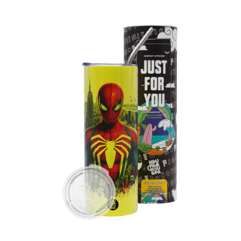 Spiderman City, Neon Yellow Travel Tumbler, with metal straw (Stainless steel 304 Food grade, BPA free, 600ml)
