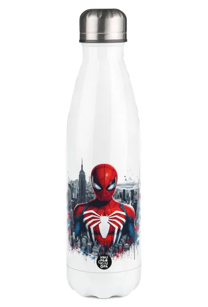Spiderman City — Μεταλλικό παγούρι θερμός Λευκό (Stainless steel), διπλού τοιχώματος, 500ml