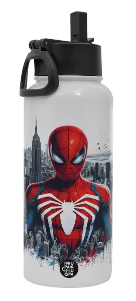 Spiderman City — Metal mug thermo White with Straw and Spout Lid (Stainless steel), double wall, 950ml