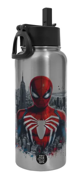 Spiderman City — Metal mug thermo Silver with Straw and Spout Lid (Stainless steel), double wall, 950ml