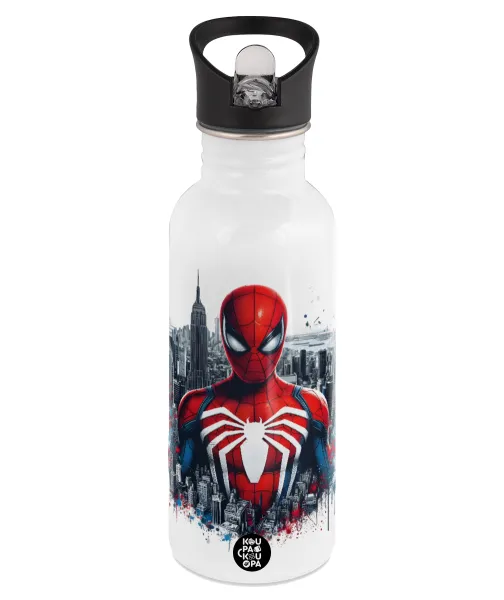 Spiderman City — Παγούρι νερού Λευκό με καλαμάκι, ανοξείδωτο ατσάλι 600ml