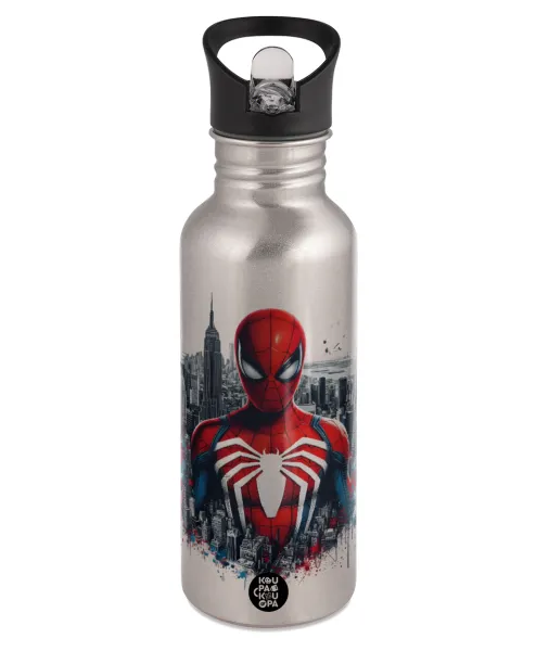 Spiderman City — Παγούρι νερού Ασημένιο με καλαμάκι, ανοξείδωτο ατσάλι 600ml