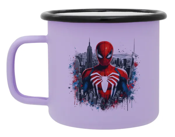 Spiderman City — Metal enamel mug, matte light pastel purple, 360ml