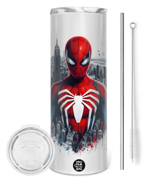 Spiderman City — Tumbler ποτήρι θερμό από ανοξείδωτο ατσάλι 600ml, με μεταλλικό καλαμάκι & βούρτσα καθαρισμού