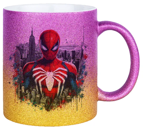 Spiderman City — Gold/pink glitter mug, ceramic, 330ml