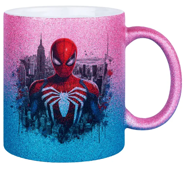 Spiderman City — Gold/blue glitter mug, ceramic, 330ml