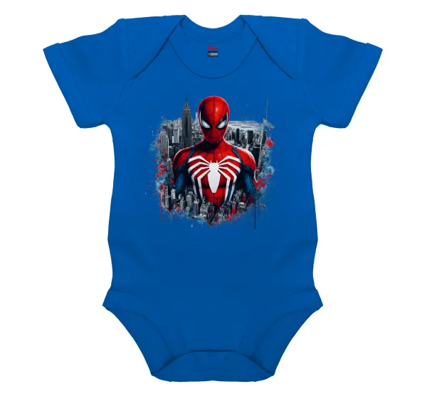 Spiderman City — Short-sleeve baby bodysuit, cobalt blue, 100% organic cotton