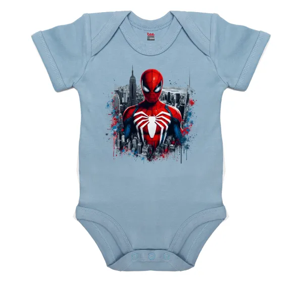 Spiderman City — Βρεφικό φορμάκι μωρού, 0-18 μηνών, Μπλε, 100% Organic Cotton, κοντομάνικο