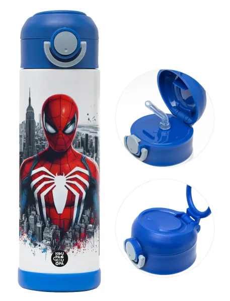 Spiderman City — Παιδικό παγούρι θερμό, ανοξείδωτο, με καλαμάκι ασφαλείας, ΜΠΛΕ (500ml)