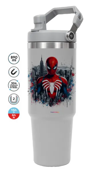 Spiderman City — ΓΚΡΙ Travel Tumbler Θερμός με χερούλι και καλαμάκι 890ml