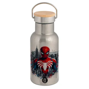 Spiderman City, Μεταλλικό παγούρι θερμός (Stainless steel) Ασημένιο με ξύλινο καπακι (bamboo), διπλού τοιχώματος, 350ml