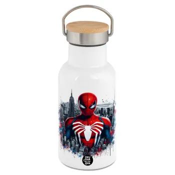 Spiderman City, Μεταλλικό παγούρι θερμός (Stainless steel) Λευκό με ξύλινο καπακι (bamboo), διπλού τοιχώματος, 350ml