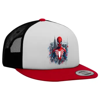 Spiderman City, Adult Foam Flat Snapback with Mesh Red-White-Black (POLYESTER, ADULT, UNISEX, ONE SIZE)