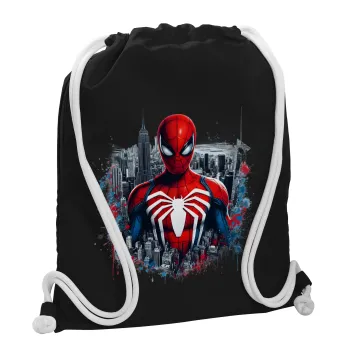 Spiderman City, Τσάντα πλάτης πουγκί GYMBAG Μαύρη, με τσέπη (40x48cm) & χονδρά λευκά κορδόνια