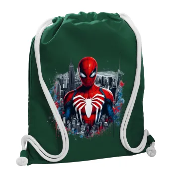 Spiderman City, Τσάντα πλάτης πουγκί GYMBAG BOTTLE GREEN, με τσέπη (40x48cm) & χονδρά λευκά κορδόνια