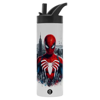 Spiderman City, Μεταλλικό παγούρι θερμός με καλαμάκι & χειρολαβή, ανοξείδωτο ατσάλι (Stainless steel 304), διπλού τοιχώματος, 600ml